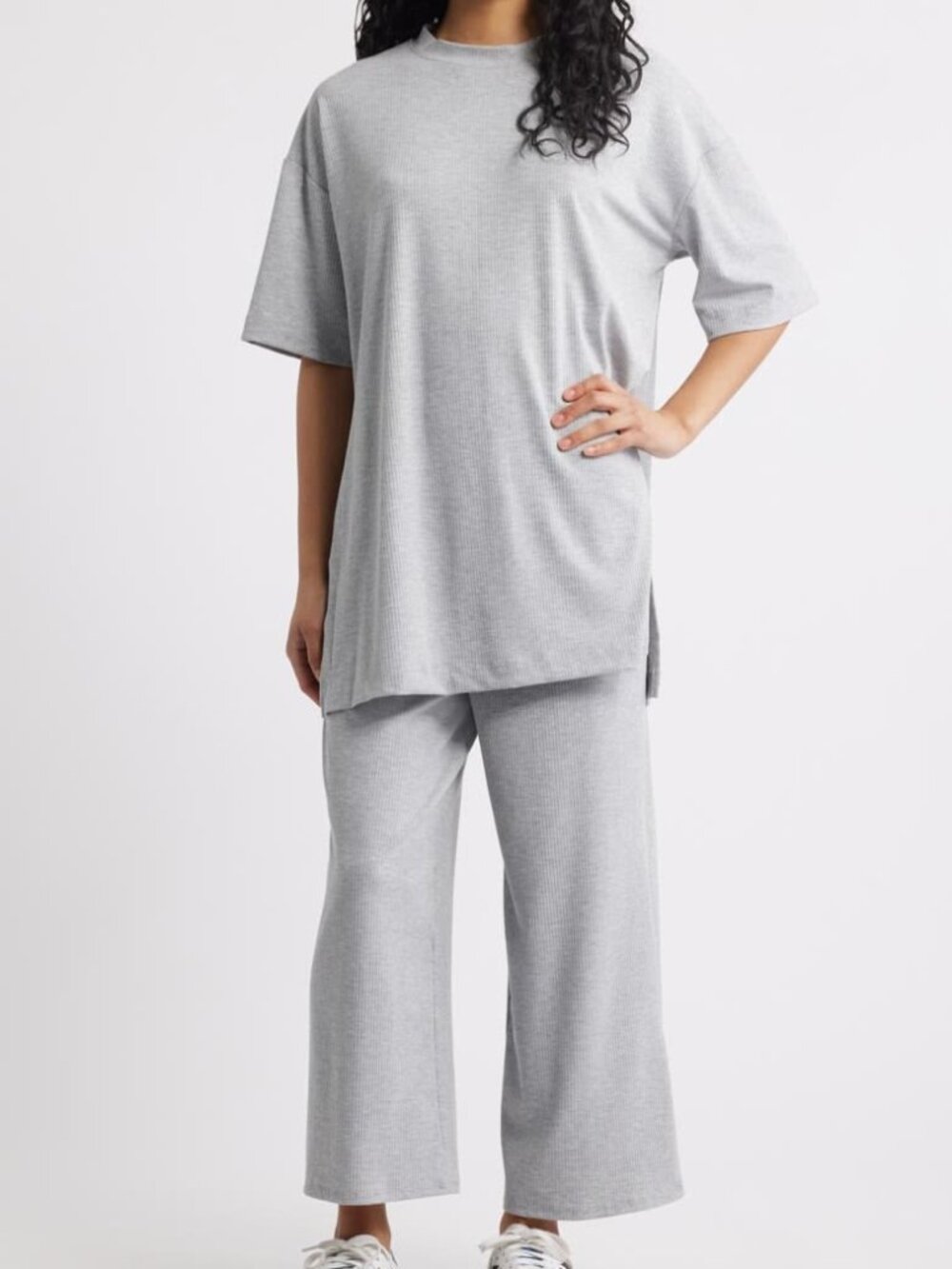 Dressed in LALA Light Gray Ribbed Cropped Pants Set